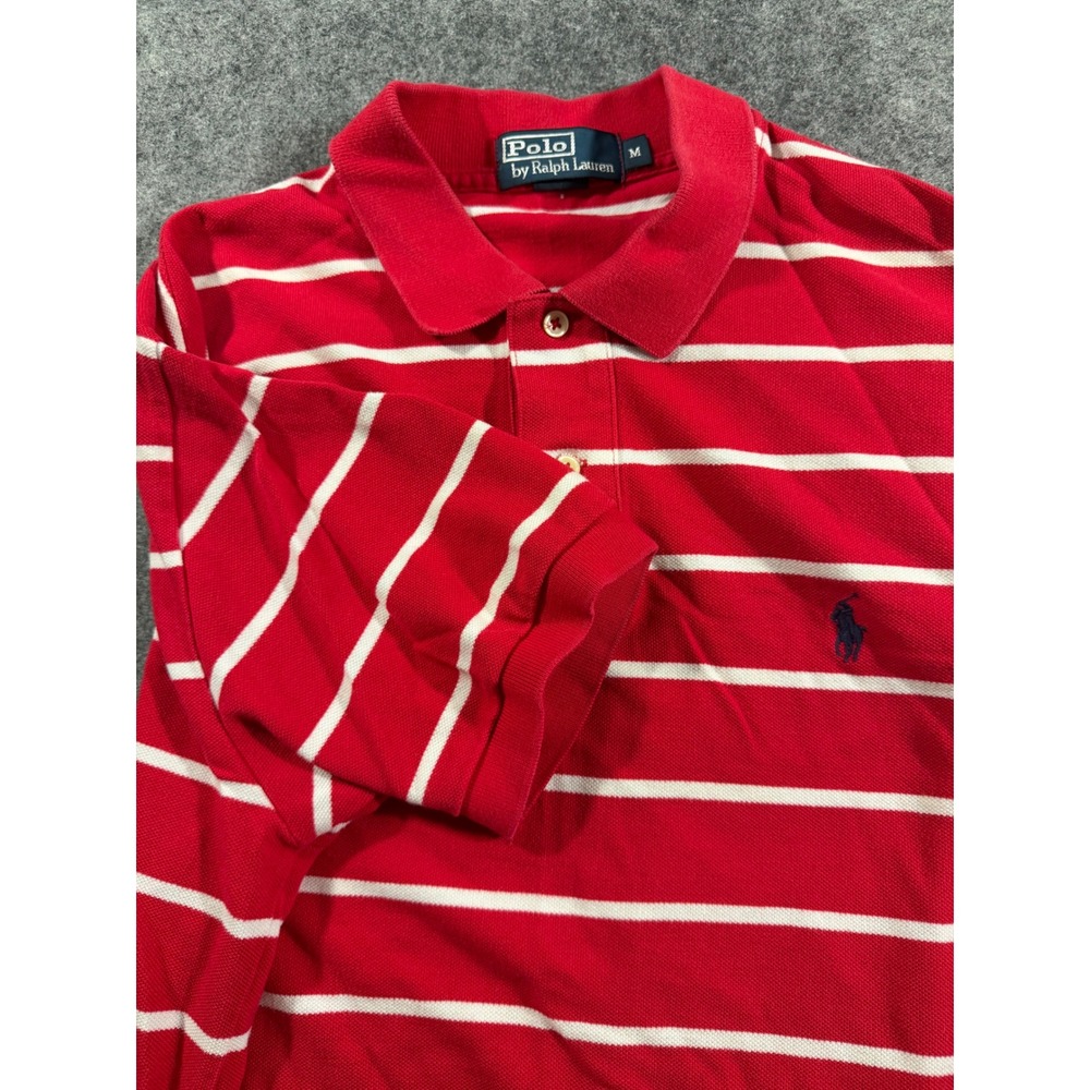 Polo Ralph Lauren Mens Medium Red White Striped Short Sleeve Pique Polo Shirt